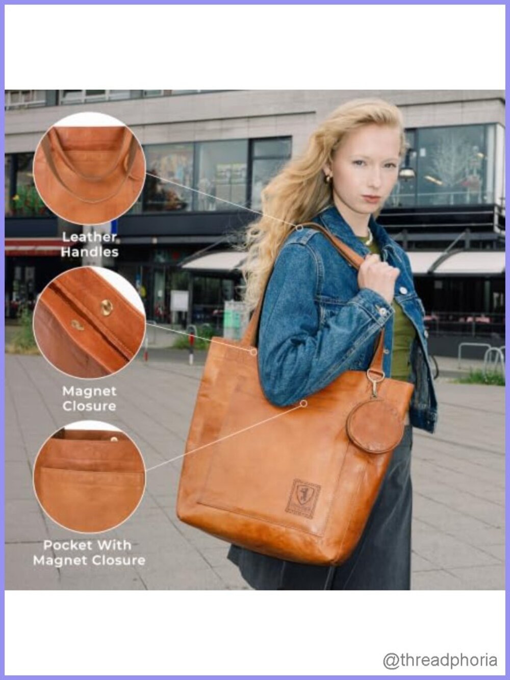 Full Grain Leather Tote Bag Women Vintage Satchel Shopper Handbag - Picture 4 of 6